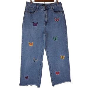 Fashion Nova Butterfly Embroidered Wide Leg Jeans Size 13 Raw Hem Cotton Boho